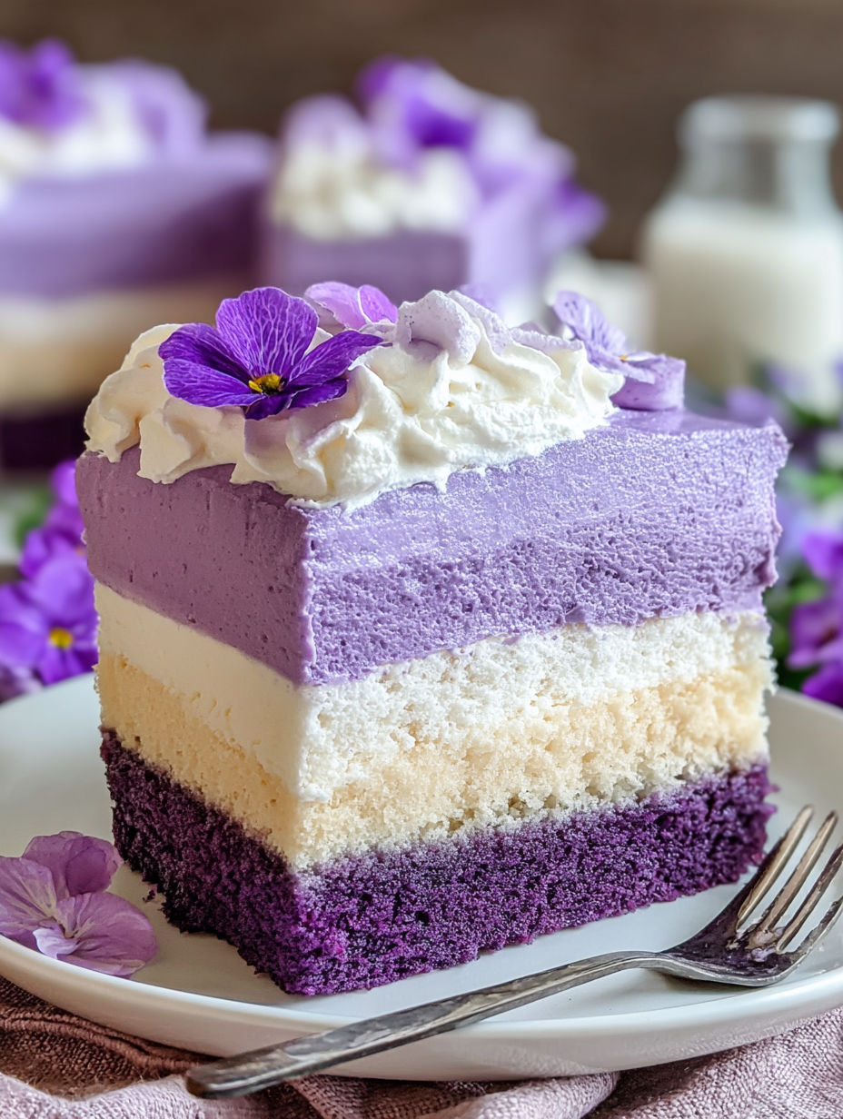 A slice of purple ube tres leches cake.