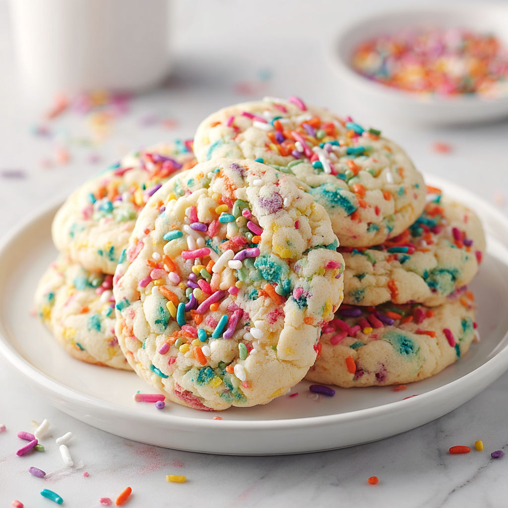 A plate of colorful cookies with sprinkles on top.