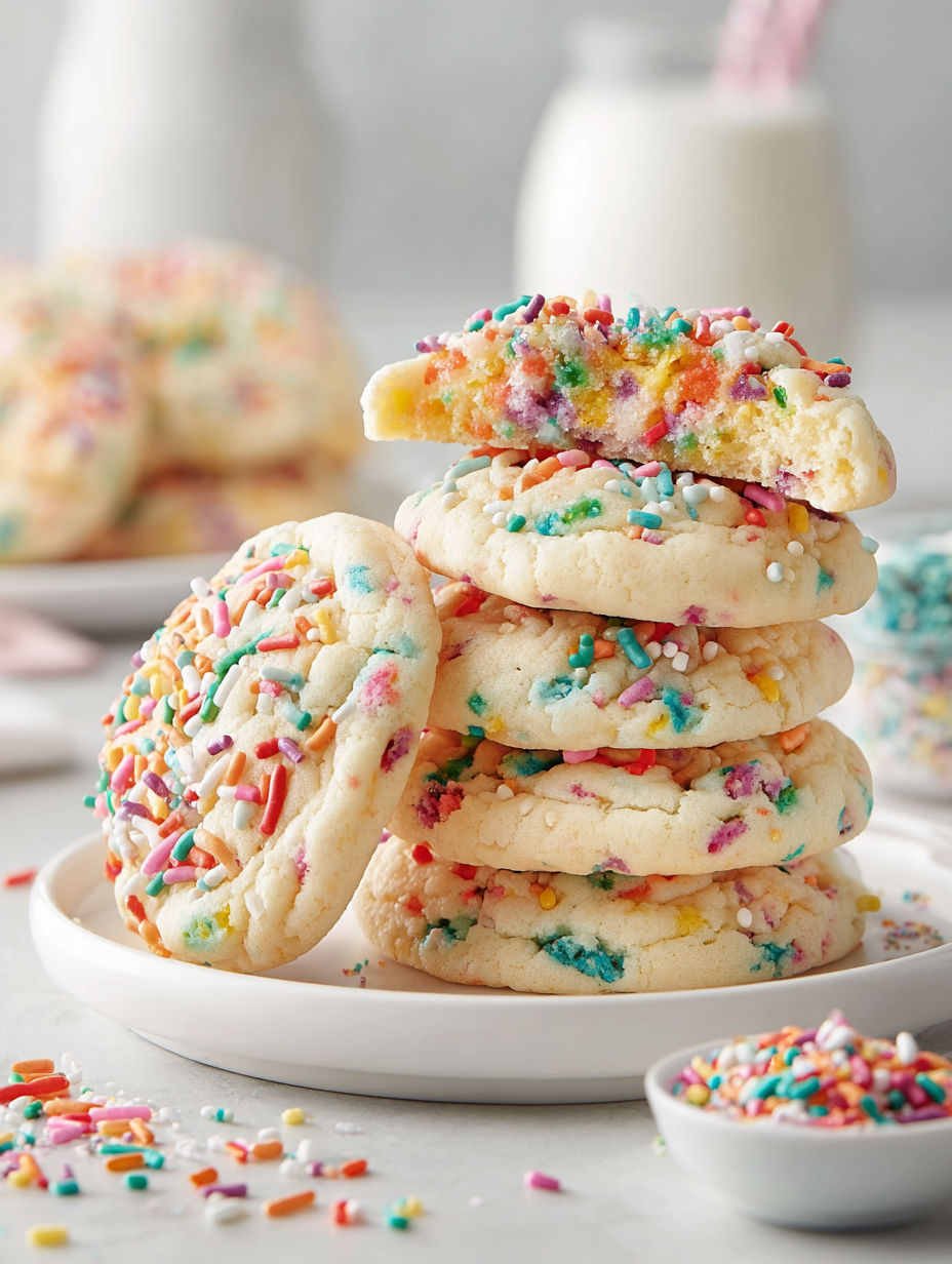 A stack of colorful Funfetti Cake Batter Cookies.