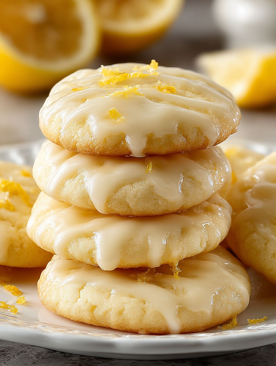 Stack of soft glazed lemon cookies.