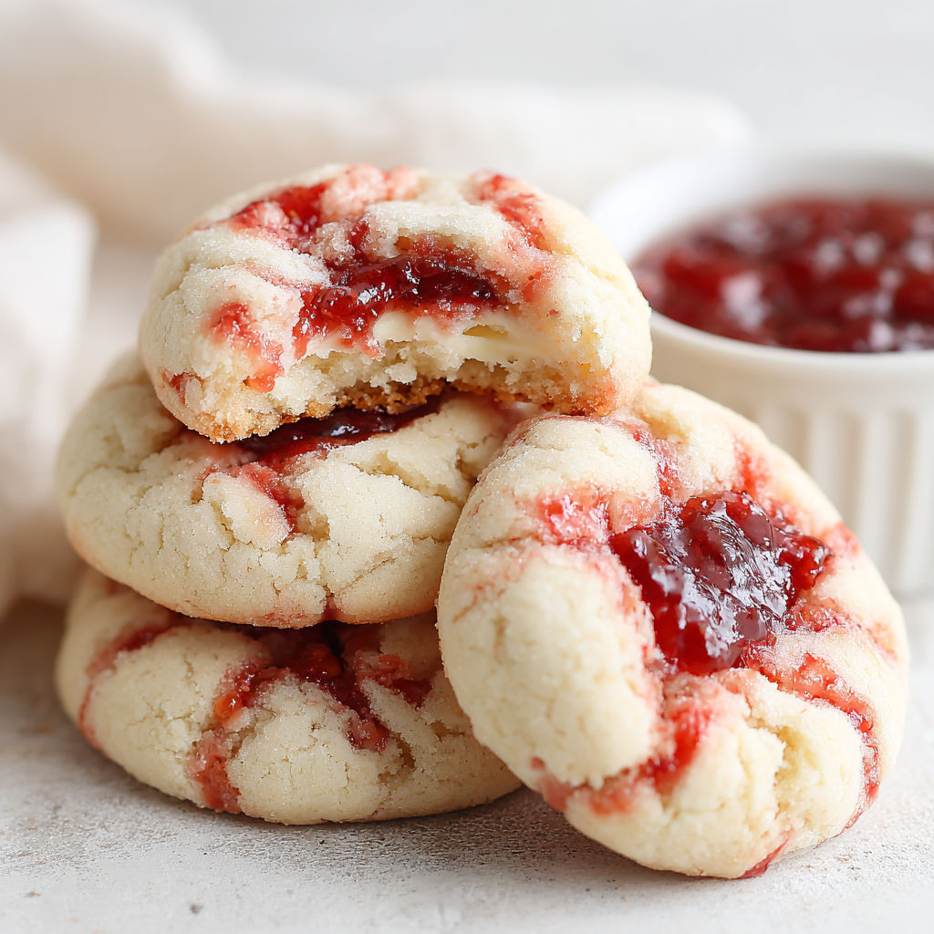 A stack of red strawberry-filled cheesecake cookies.