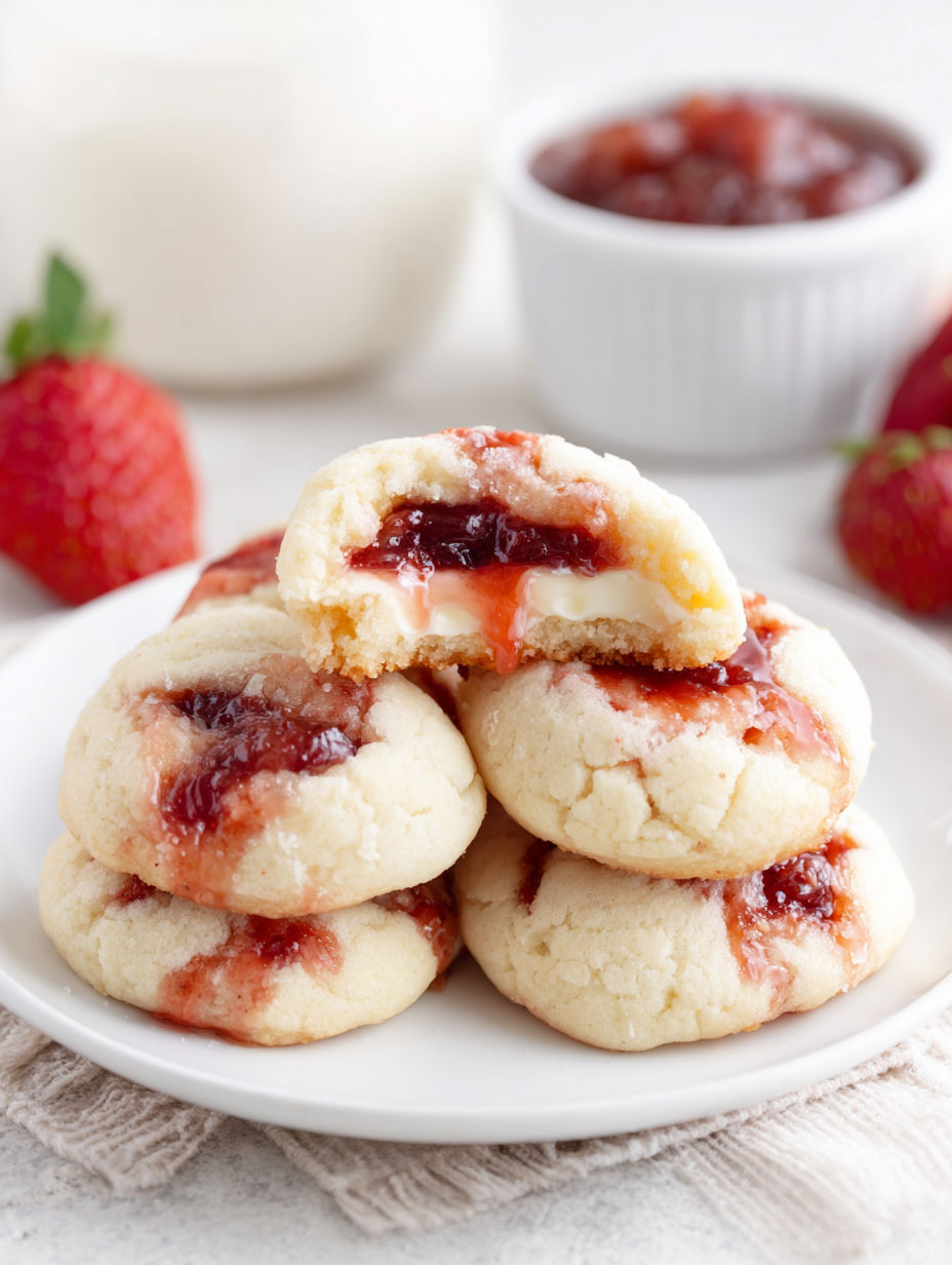 A plate of strawberry-filled cheesecake cookies.