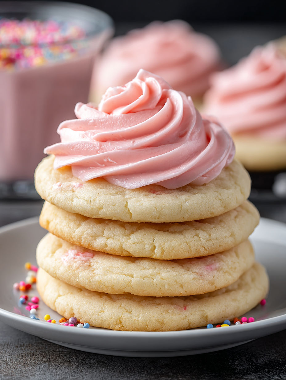 A stack of soft sugar cookies with pink buttercream frosting.