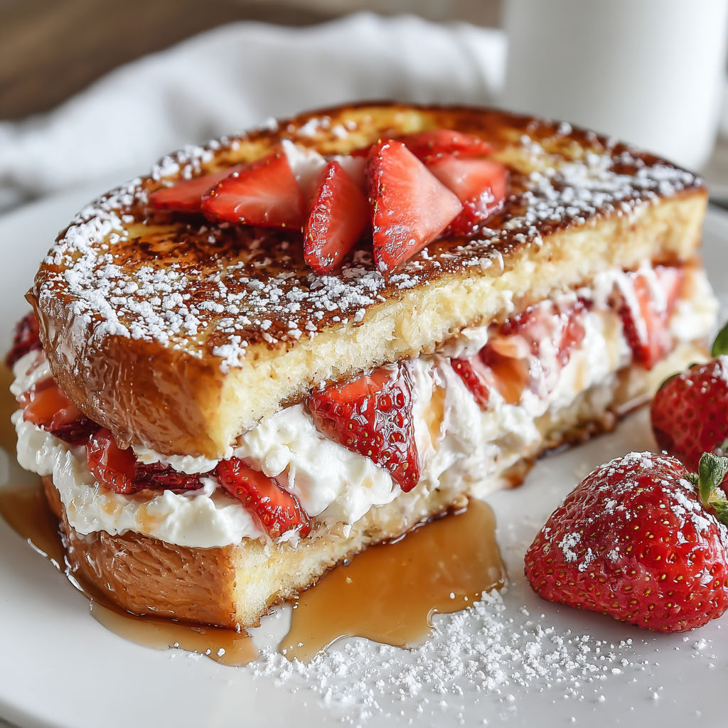 A delicious strawberry cheesecake stuffed French toast.