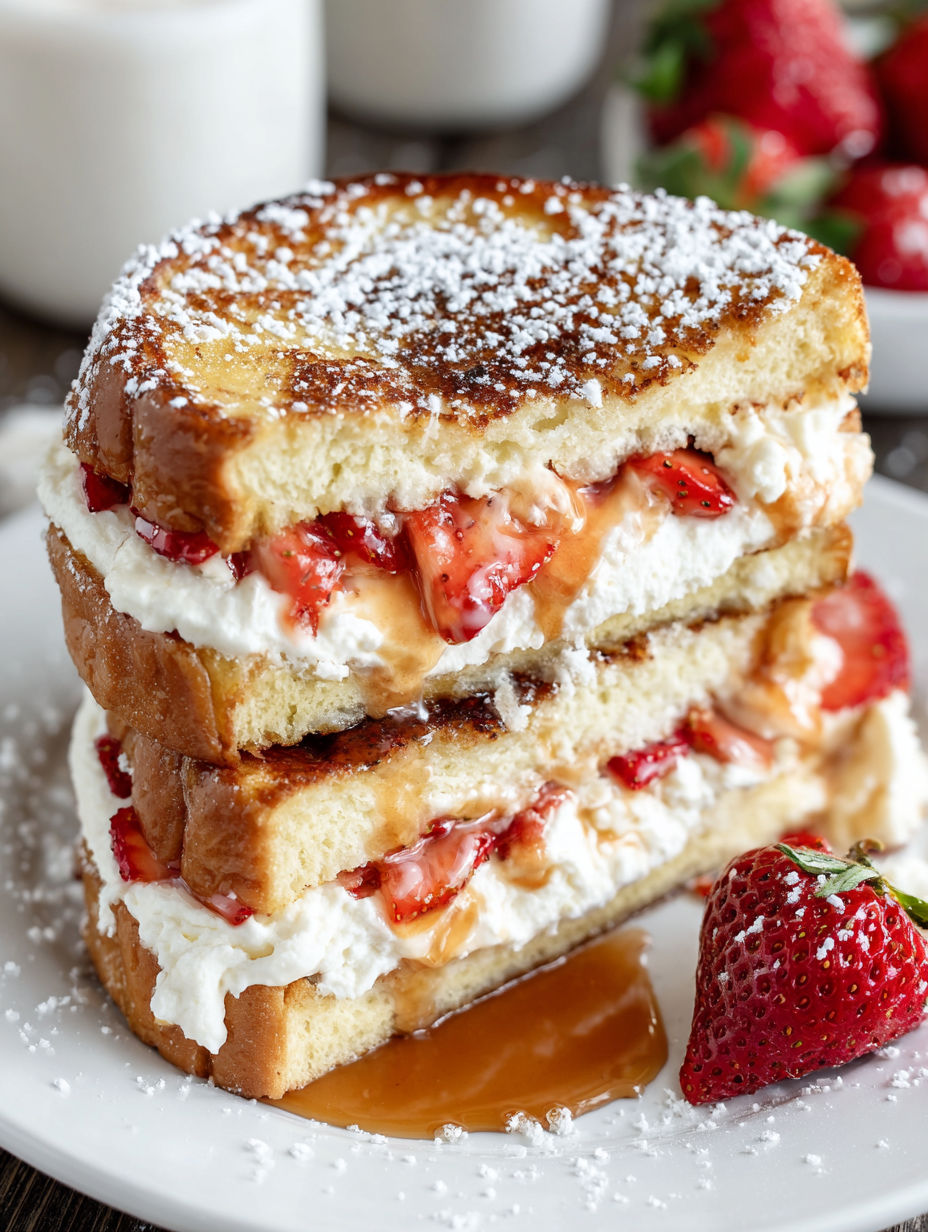 A stack of strawberry cheesecake stuffed french toast.