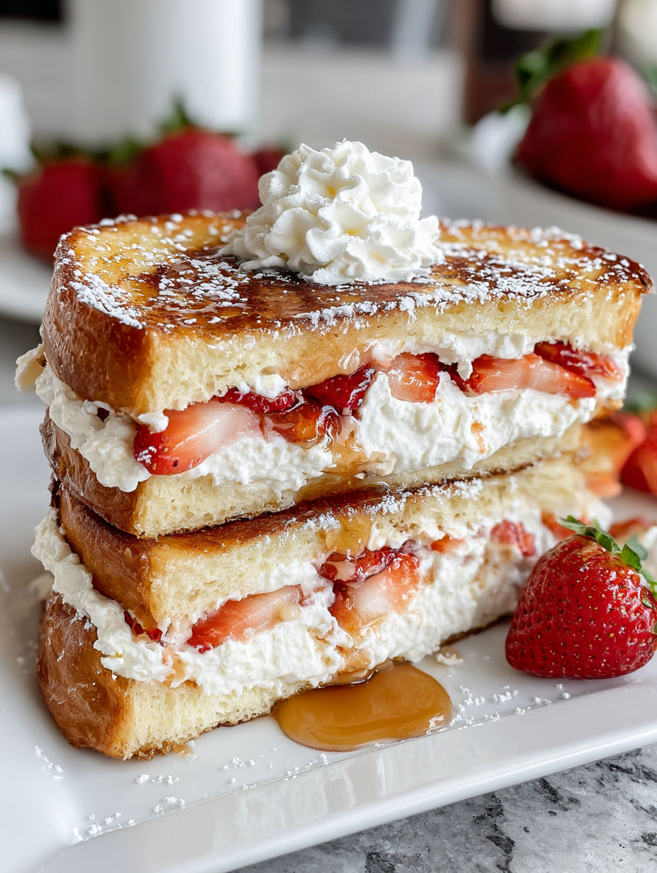A stack of French toast with strawberries and whipped cream on top.