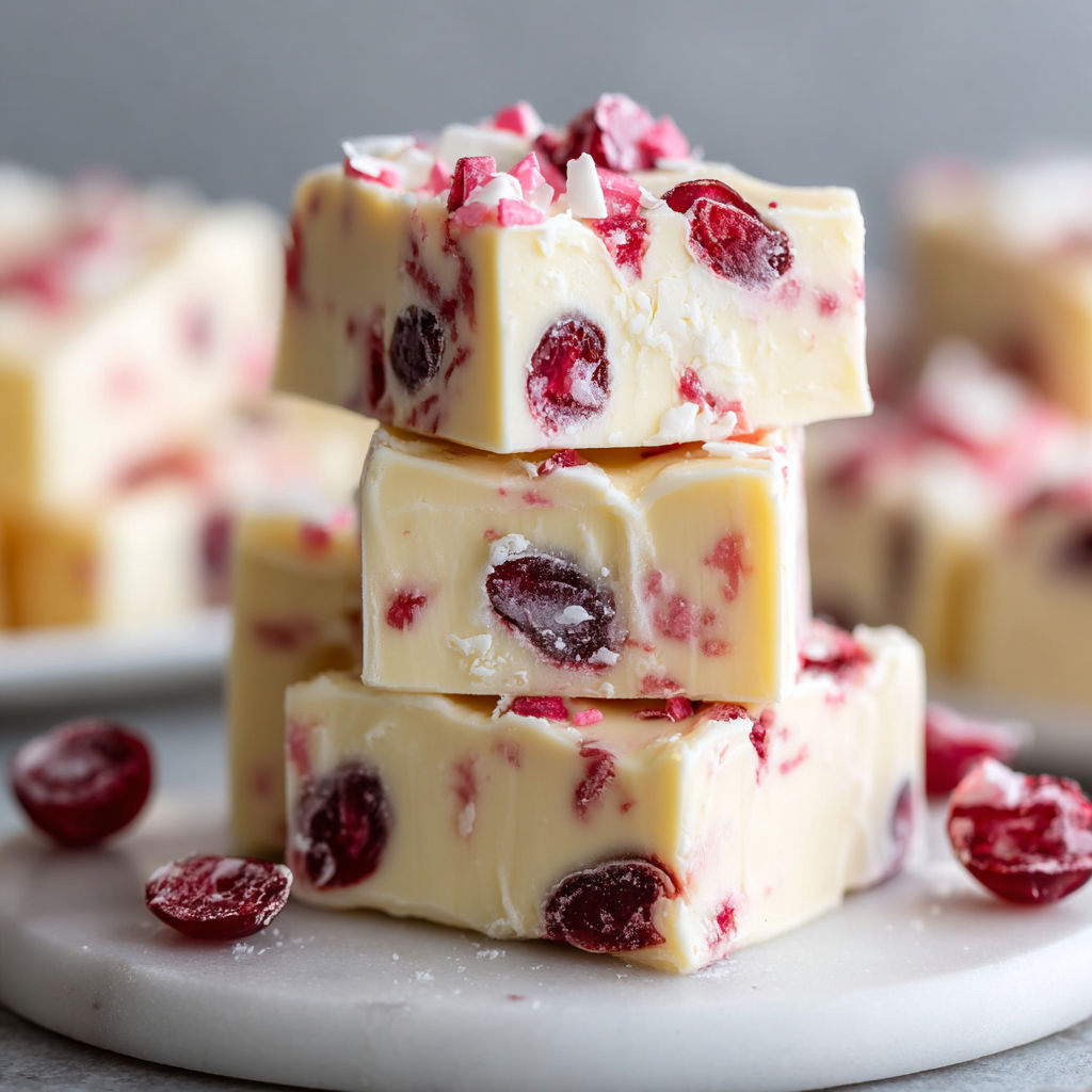 A stack of white chocolate cherry fudge.