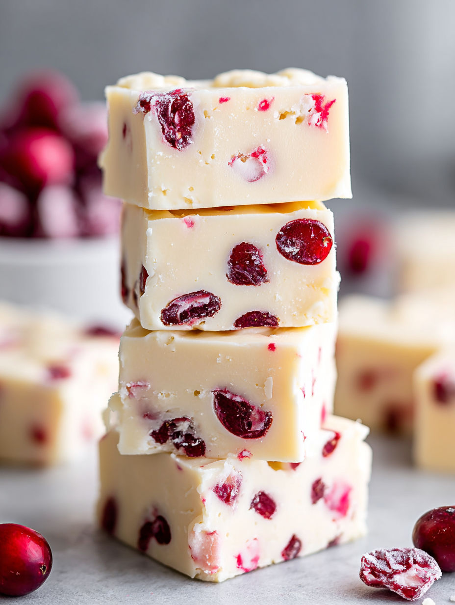 White chocolate cherry fudge stacked on top of each other.