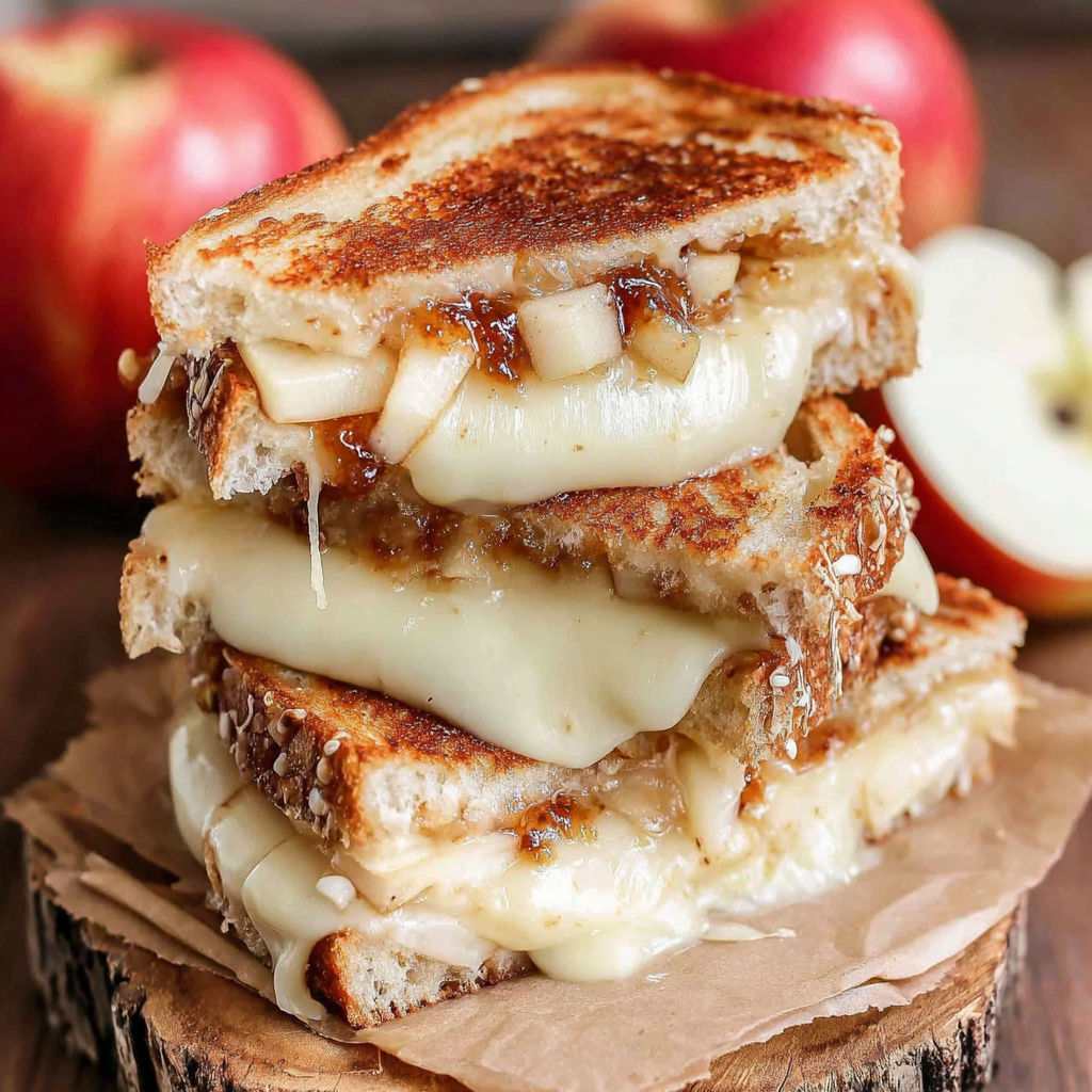 A stack of three sandwiches with cheese and apples.