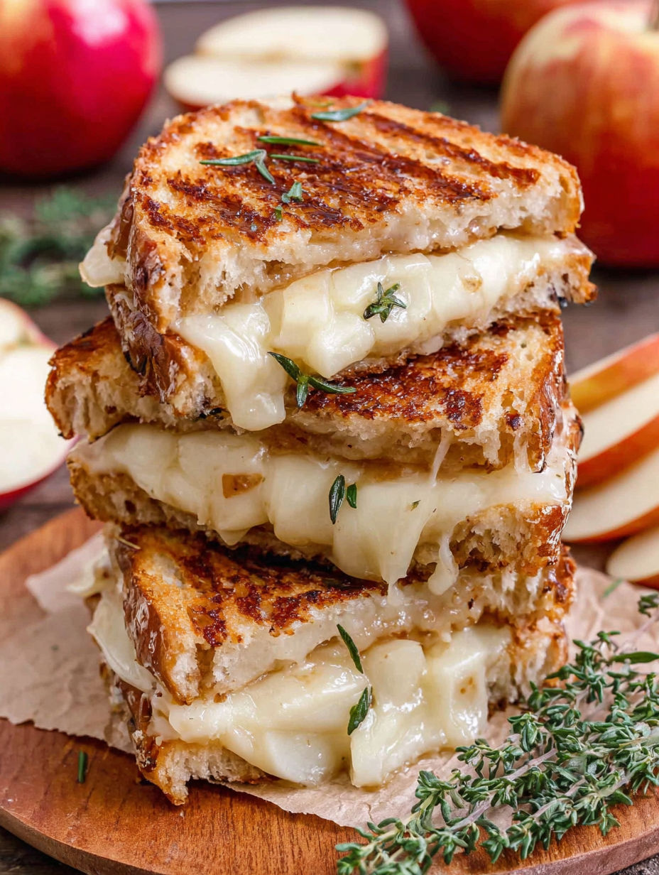 Three stacked slices of Roasted Apple and Brie Panini.