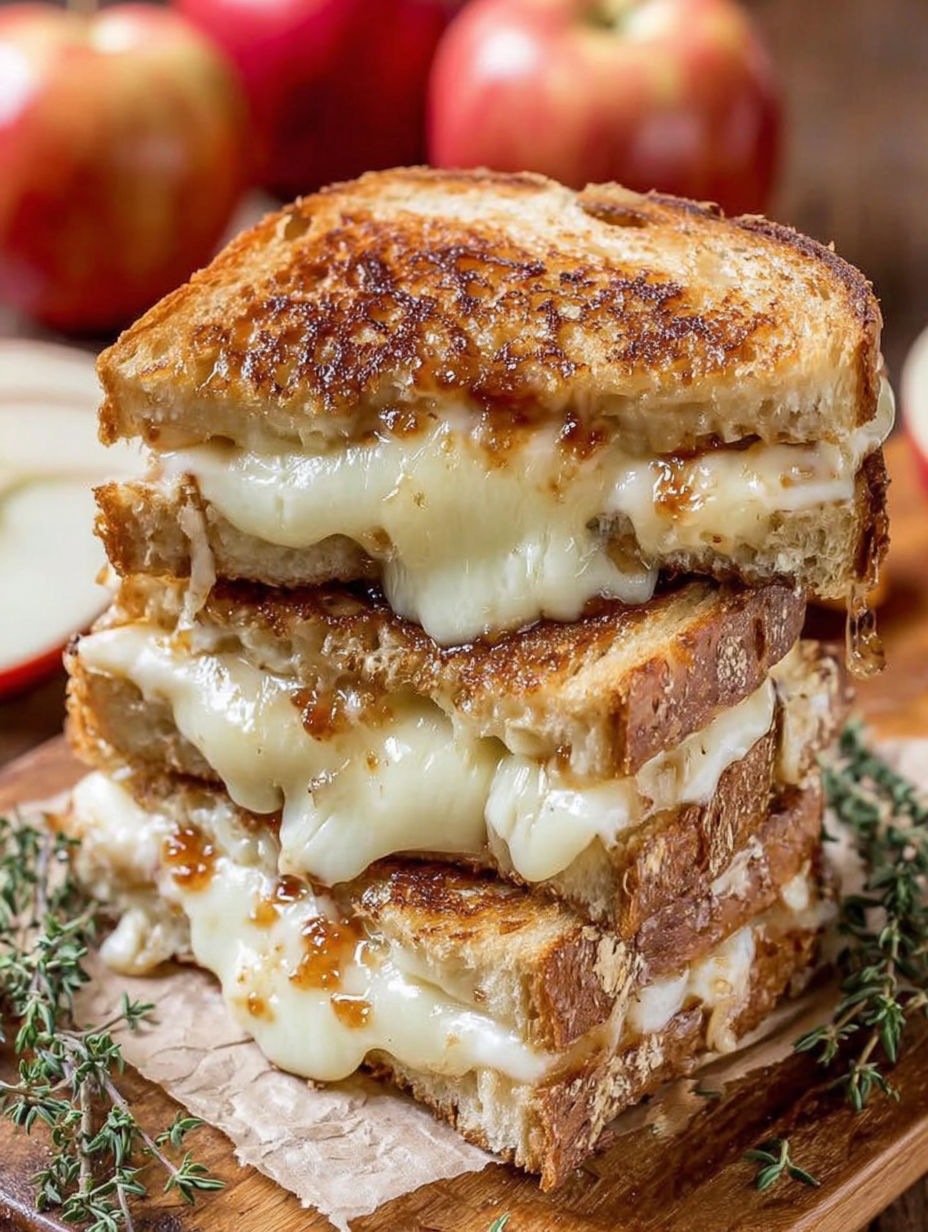 A stack of three sandwiches with cheese and apples.