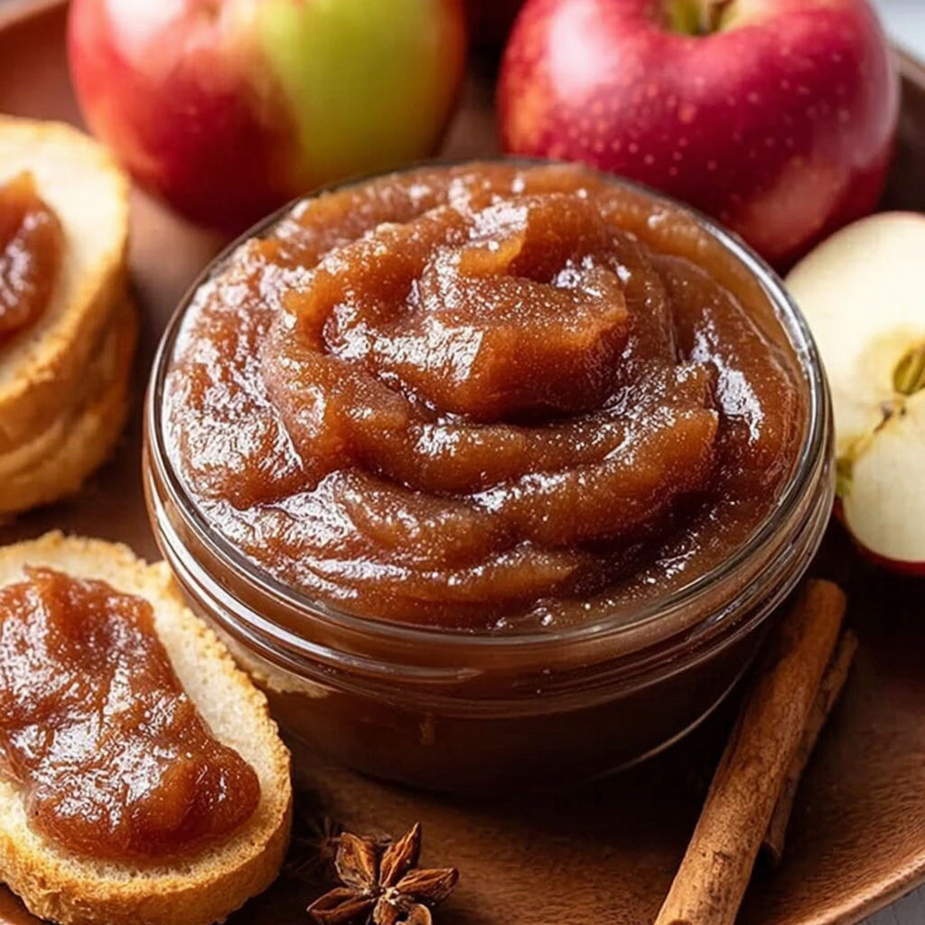 A jar of apple butter sits on a plate with apples and bread.
