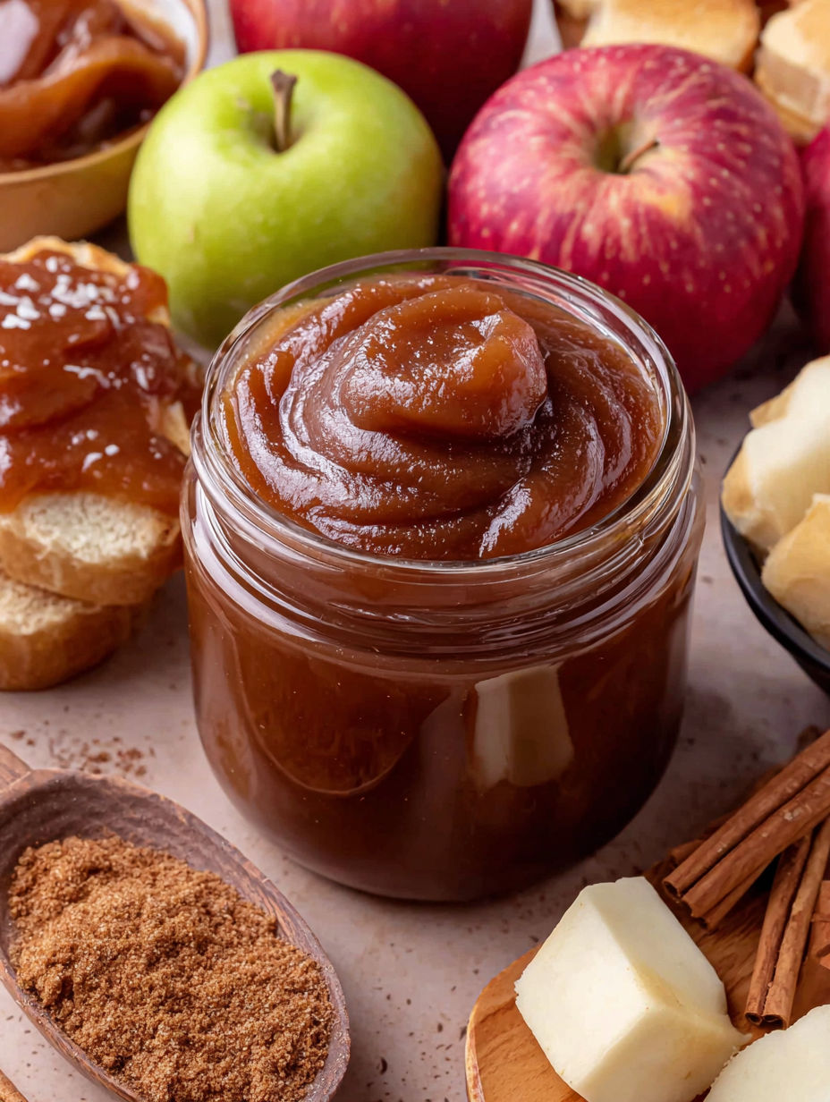 A jar of apple butter with a spoon in it.