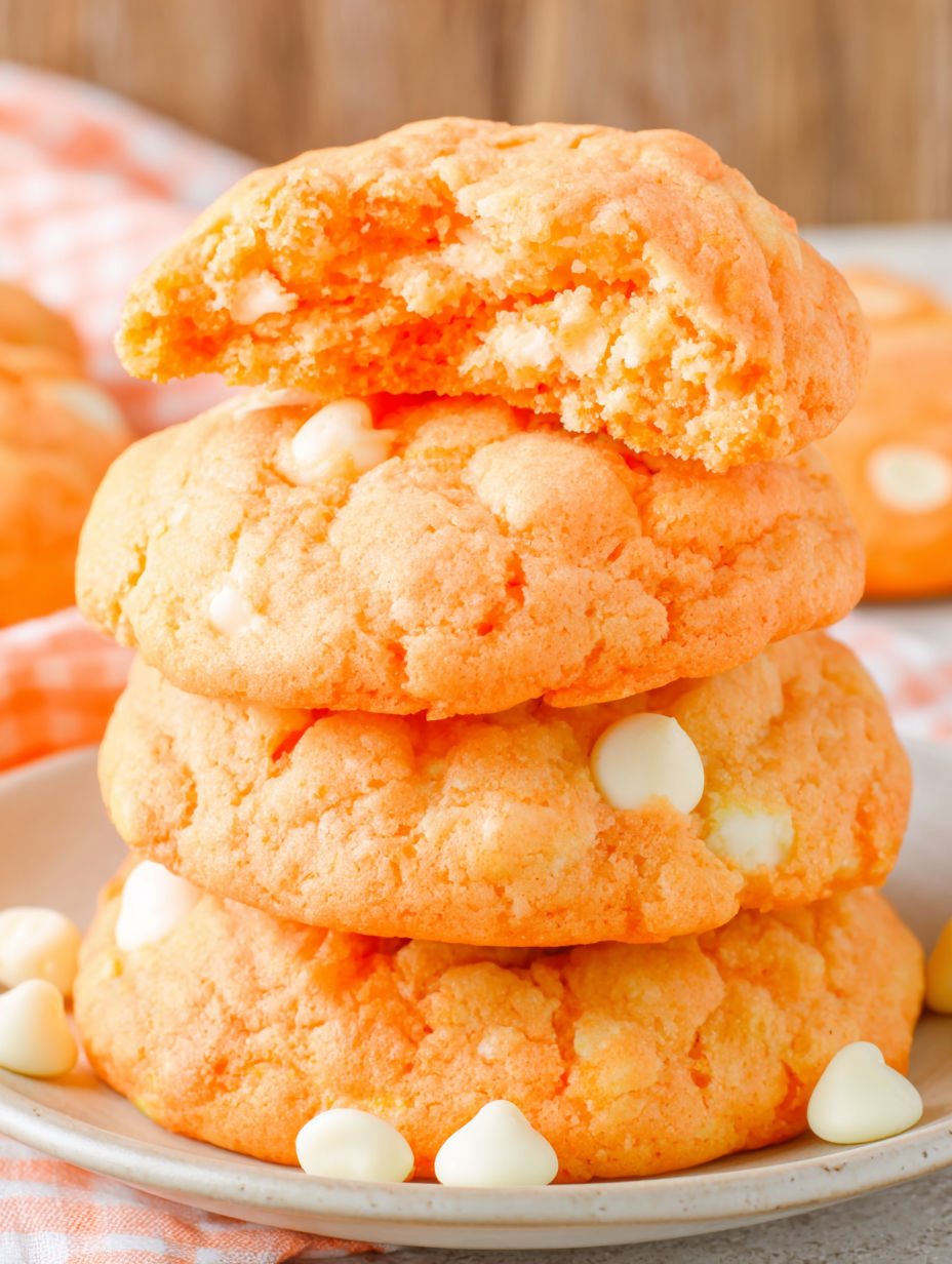 A stack of orange cookies with white frosting.