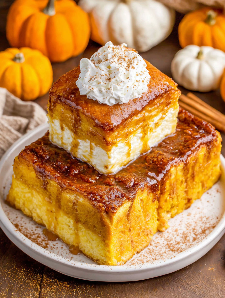 A slice of pumpkin sopapilla cheesecake with whipped cream on top.