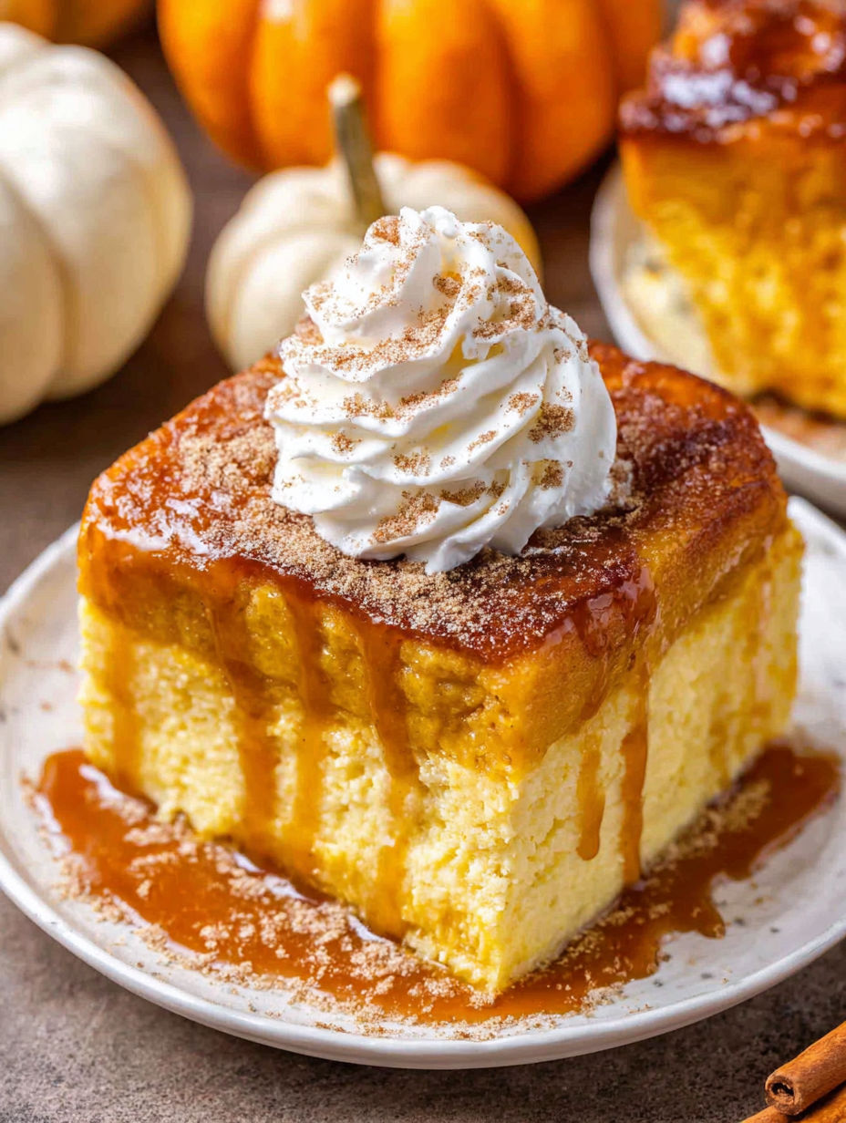 A slice of pumpkin sopapilla cheesecake with whipped cream on top.