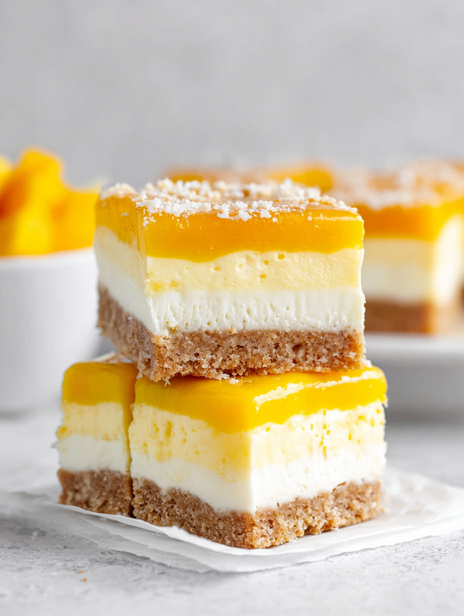 Mango cheesecake bars with white frosting.