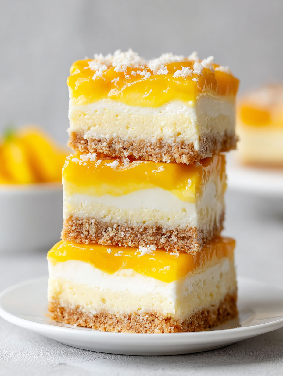 Three layers of mango cheesecake bars.