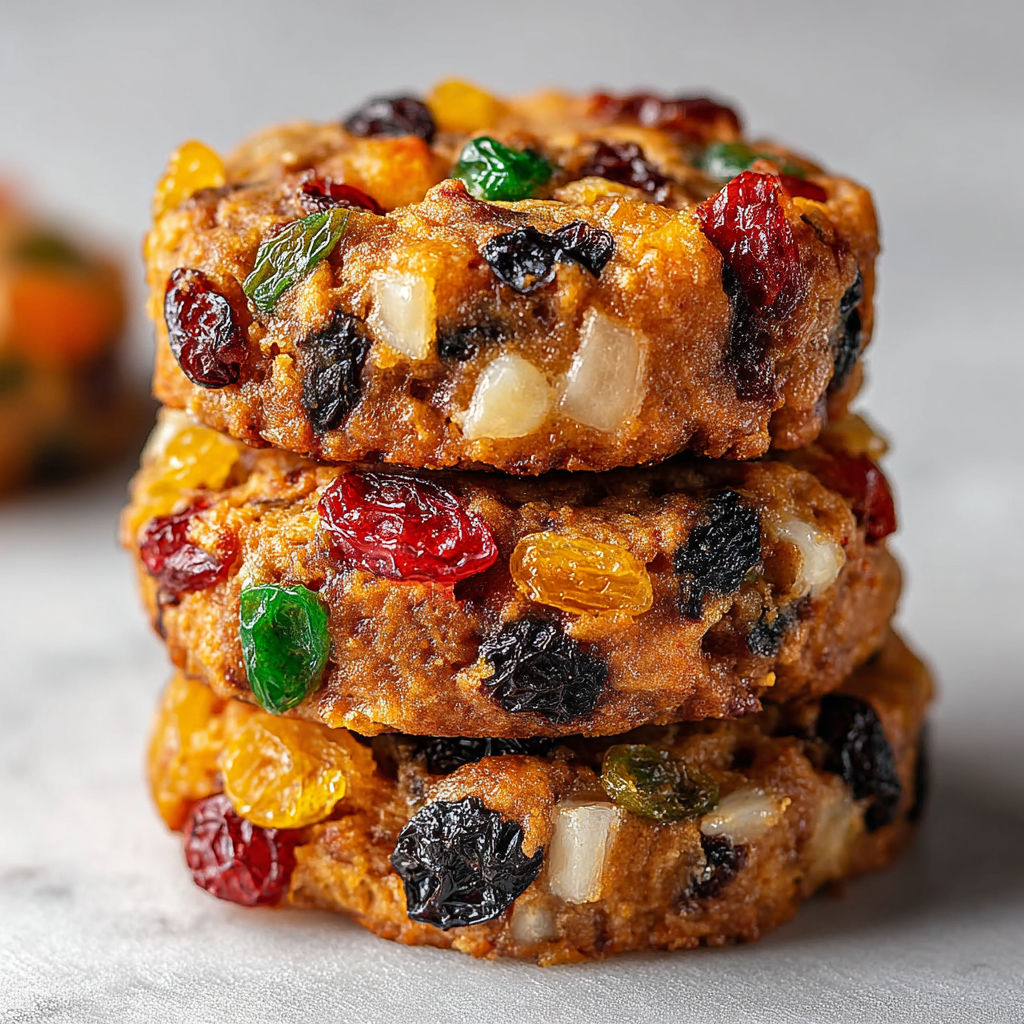 A stack of fruitcake cookies with candies on top.