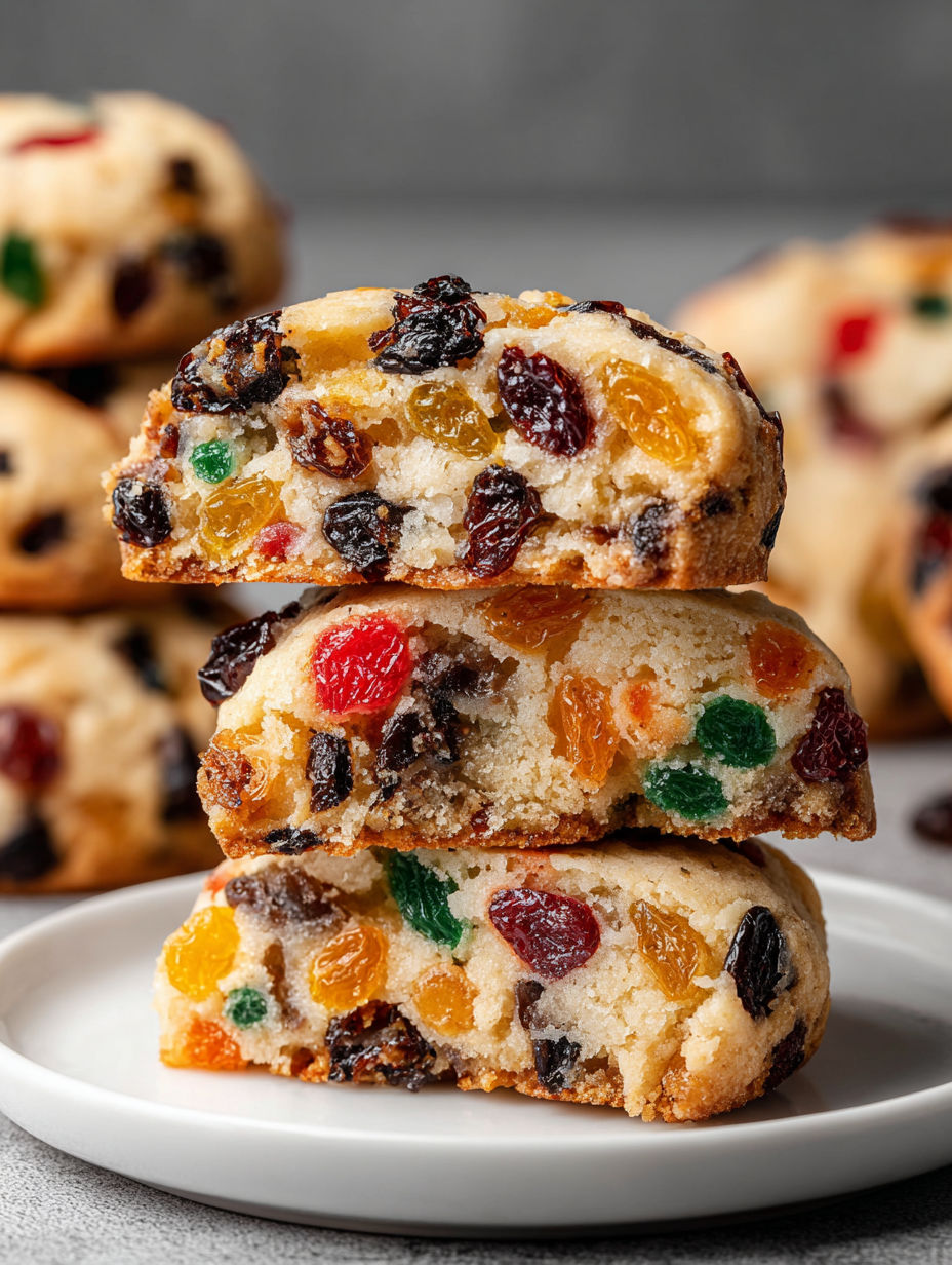 A stack of colorful fruitcake cookies.