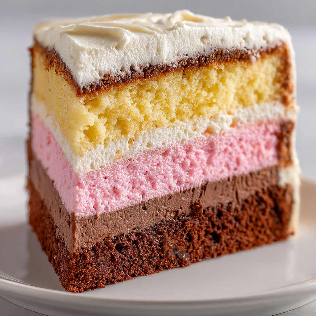 A slice of Neapolitan layer cake.