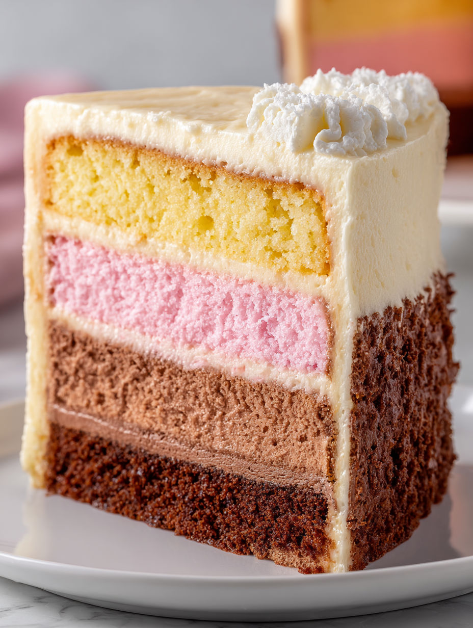 A slice of Neapolitan layer cake.