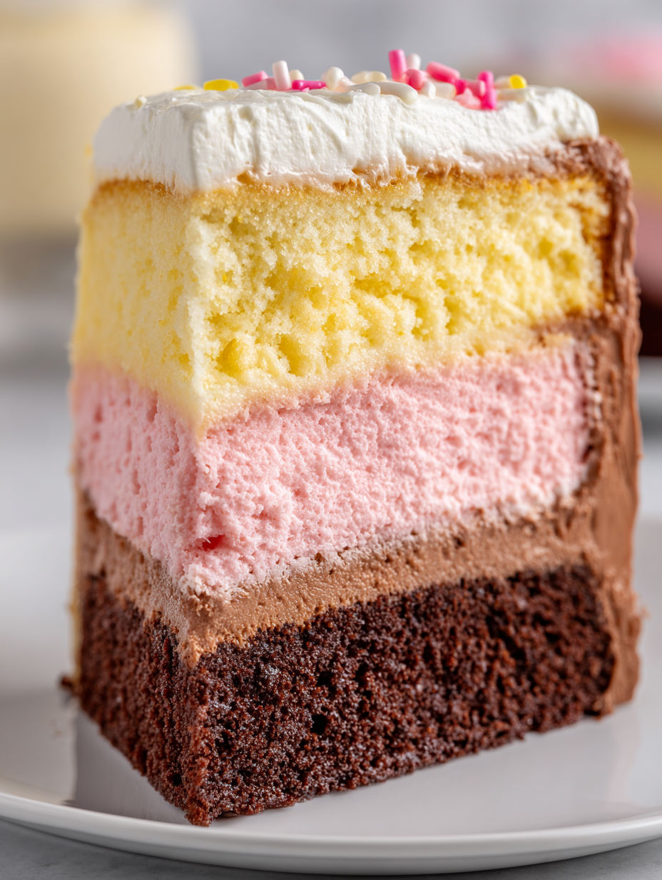 A slice of Neapolitan layer cake.