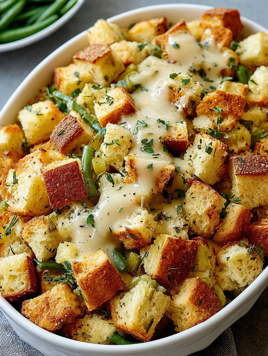 A white bowl filled with bread and green beans.