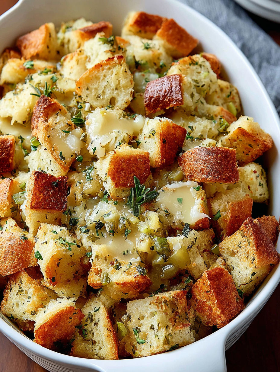 A bowl of bread with cheese and herbs.