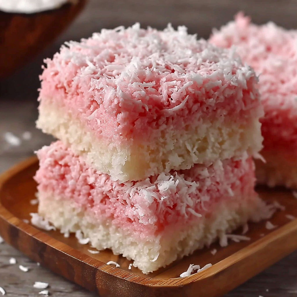 A stack of pink coconut snowball cake bars.