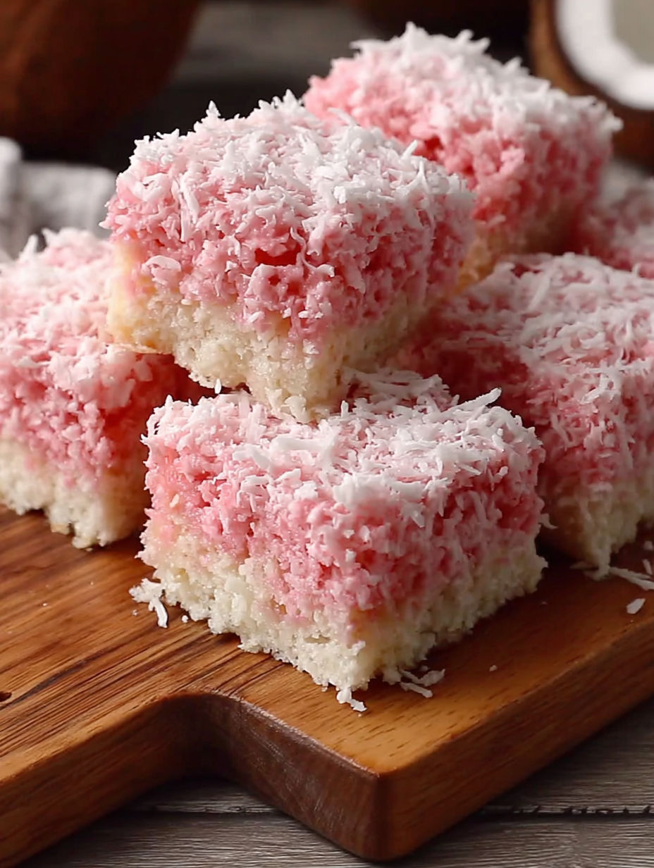 Pink Coconut Snowball Cake Bars.