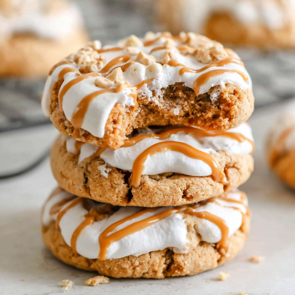 Fluffy cookies with white icing and drizzled with caramel.