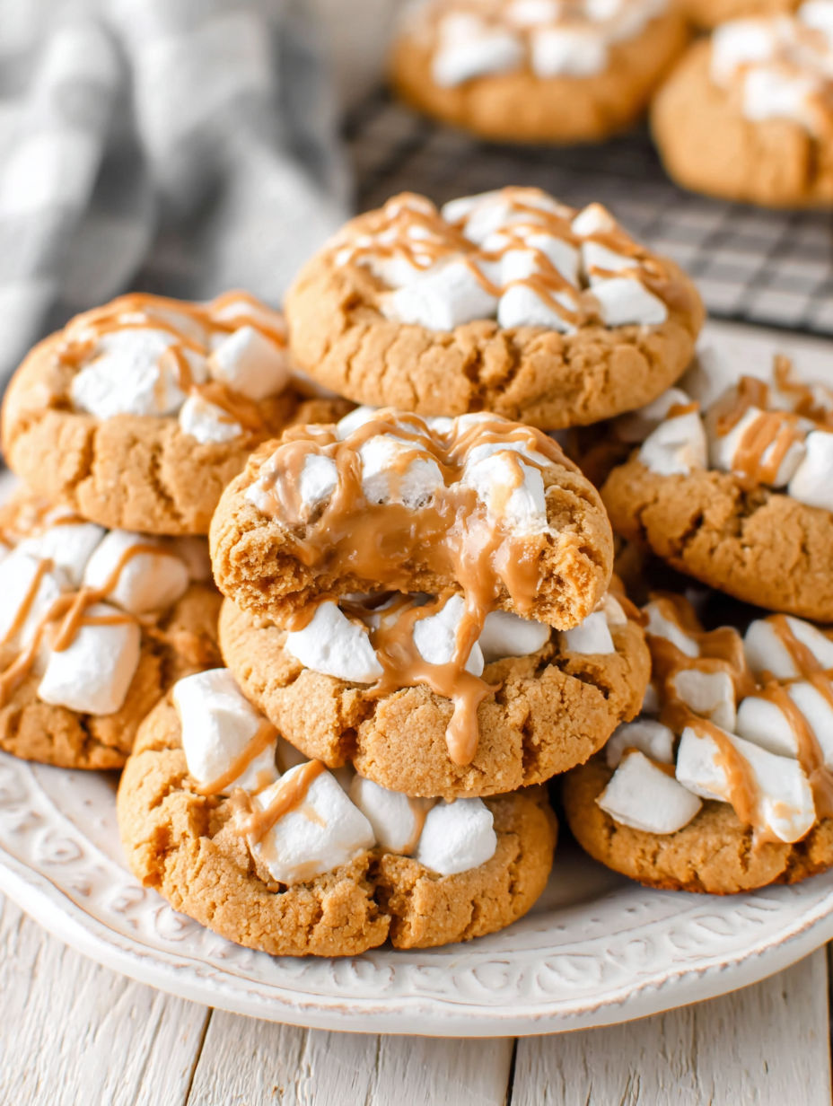 A plate of cookies with white icing and drizzled with caramel.