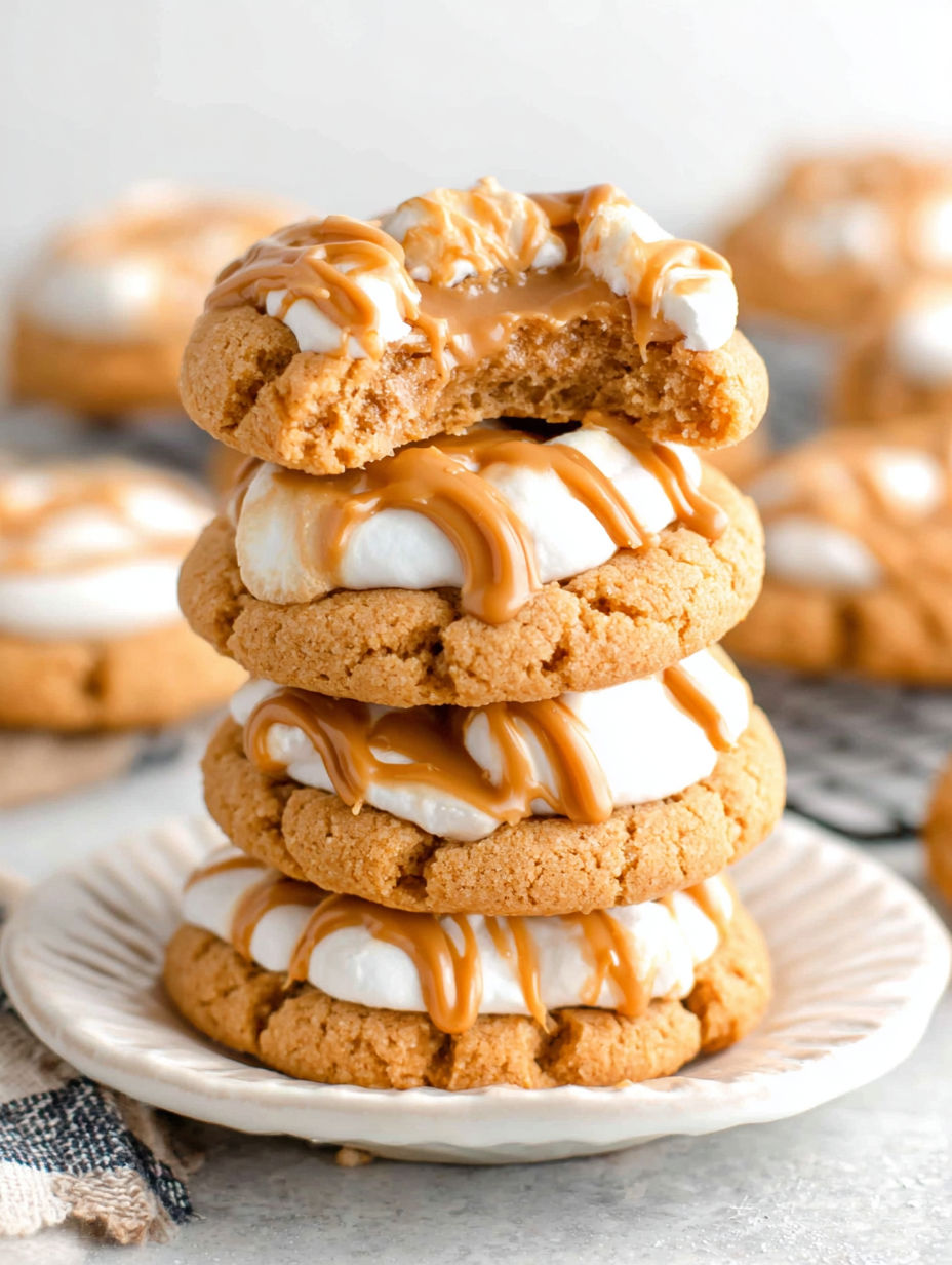 Fluffed up cookies with white icing and caramel drizzle.