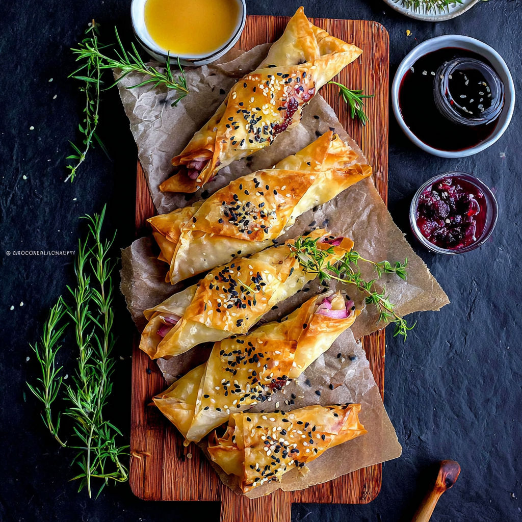 A wooden cutting board with a tray of cranberry and brie filo crackers.