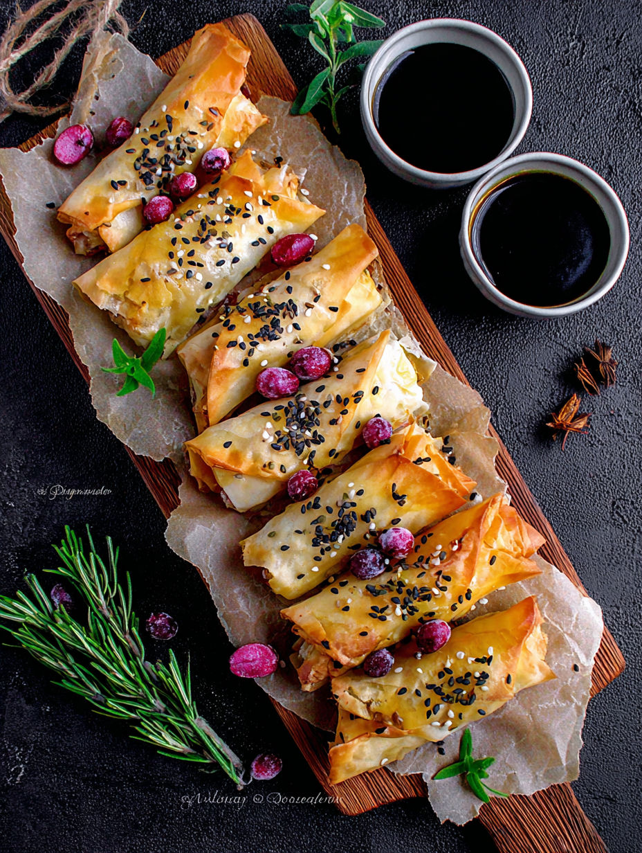 A plate of Cranberry and Brie Filo Crackers.