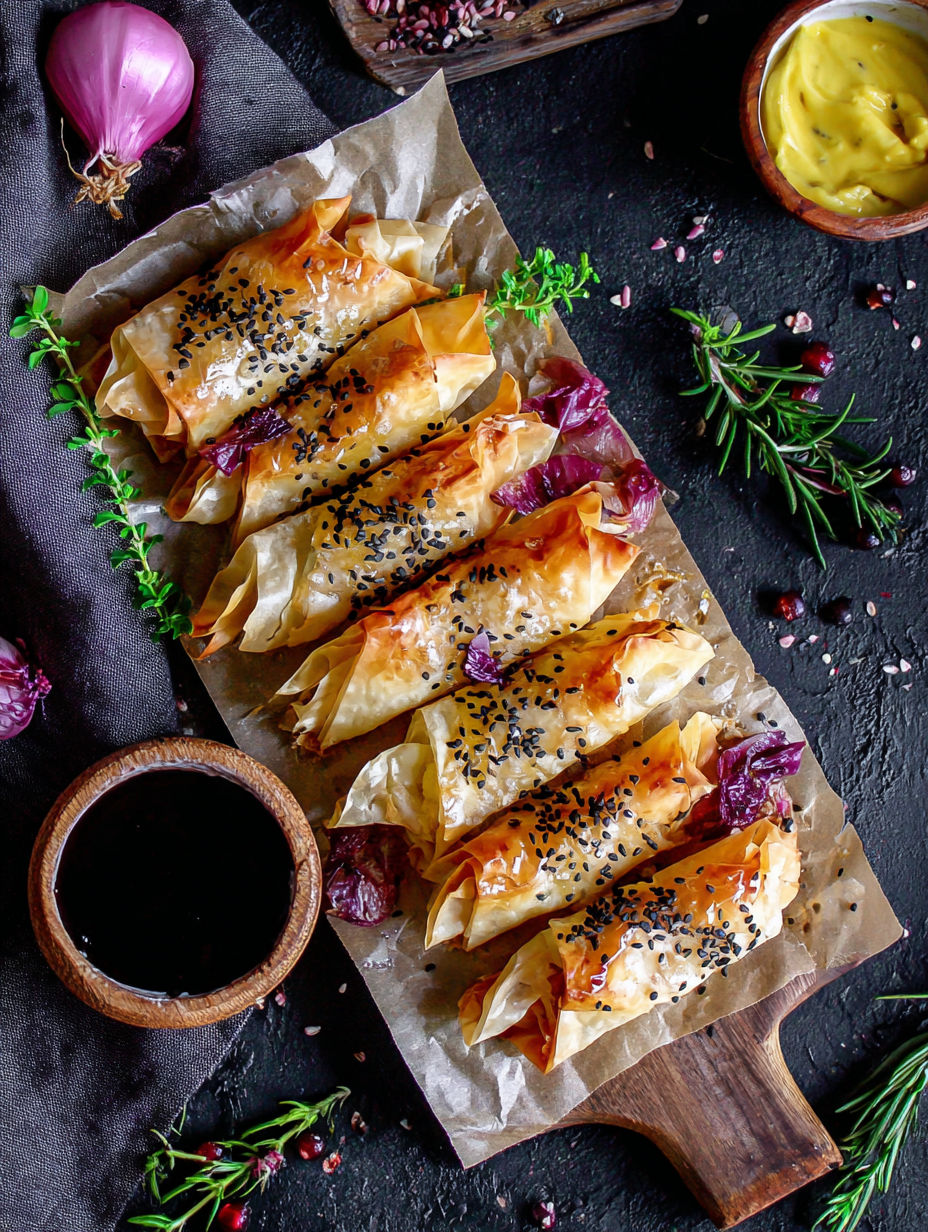 A plate of cranberry and brie filo crackers.