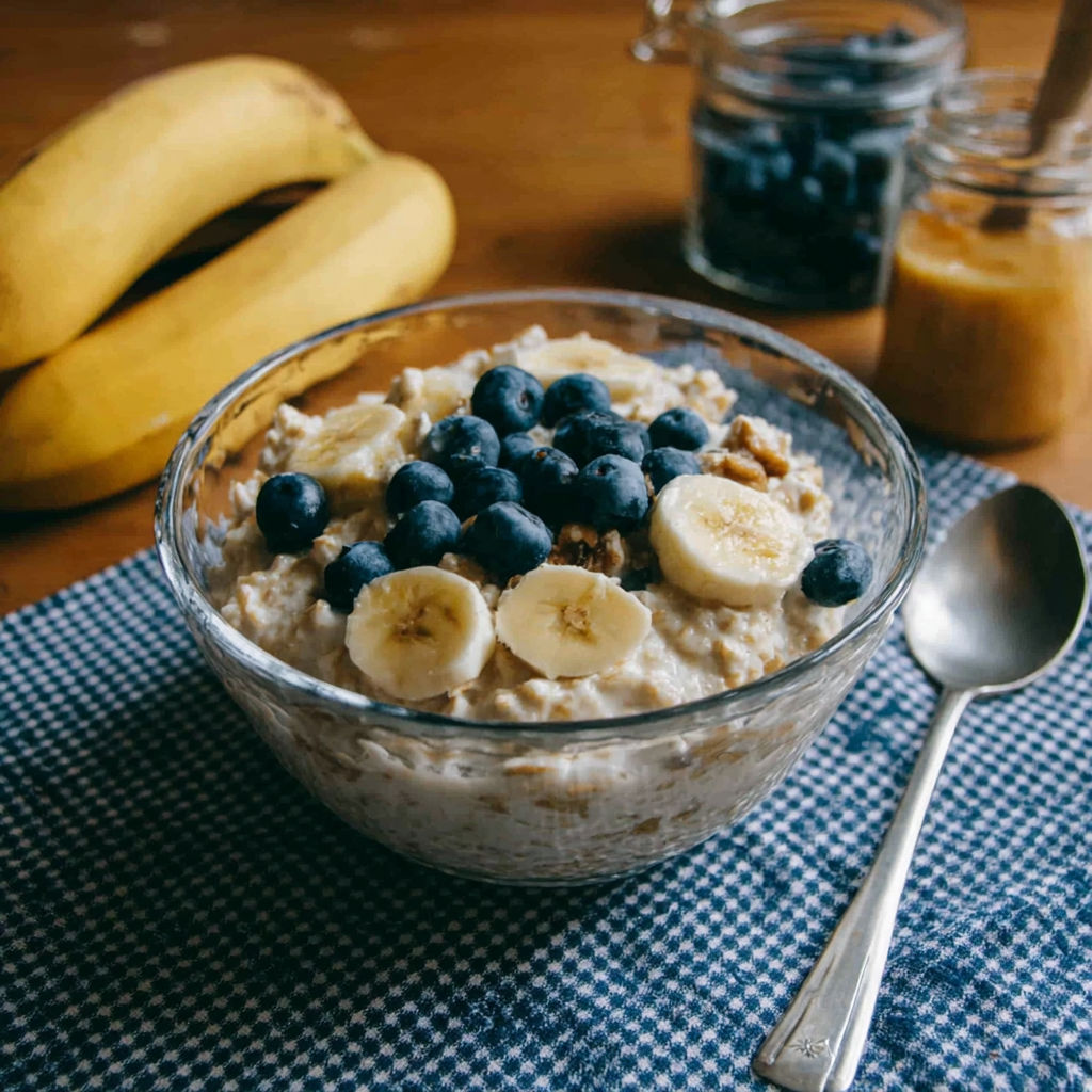 A bowl of oatmeal with bananas and blueberries.