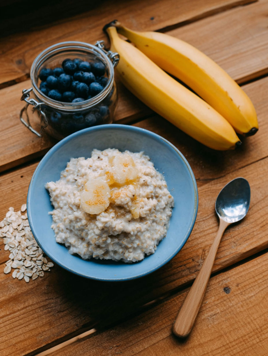 A bowl of oatmeal with bananas and blueberries.