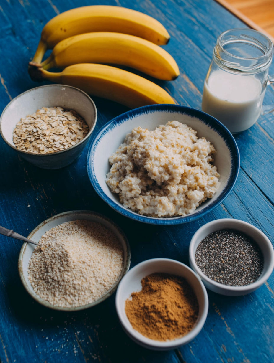 A bowl of oatmeal sits on a table next to a bowl of bananas.