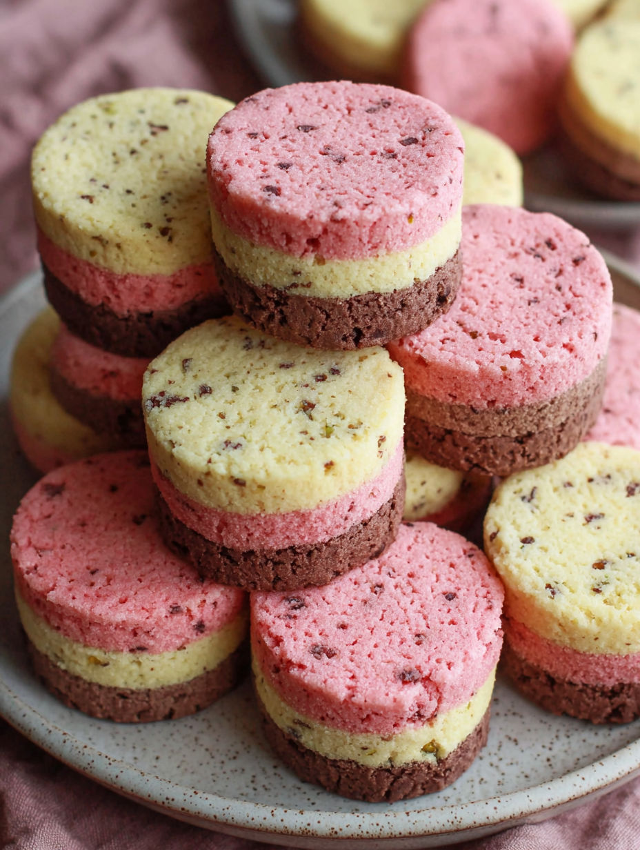 A stack of desserts with pink and brown layers.