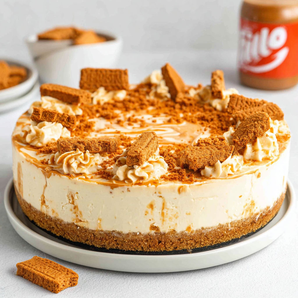 A slice of No Bake Biscoff Cheesecake.