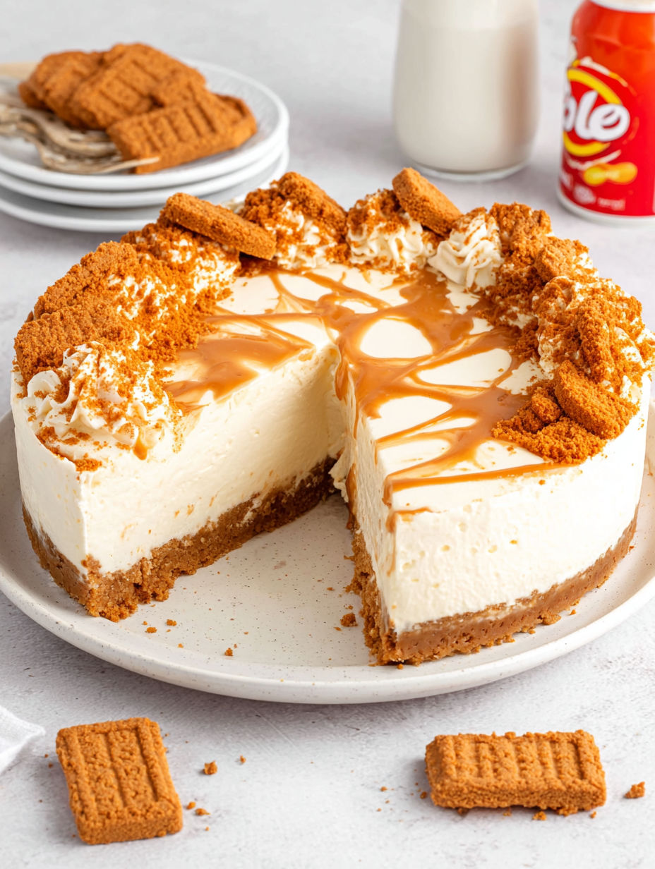 A slice of No Bake Biscoff Cheesecake.