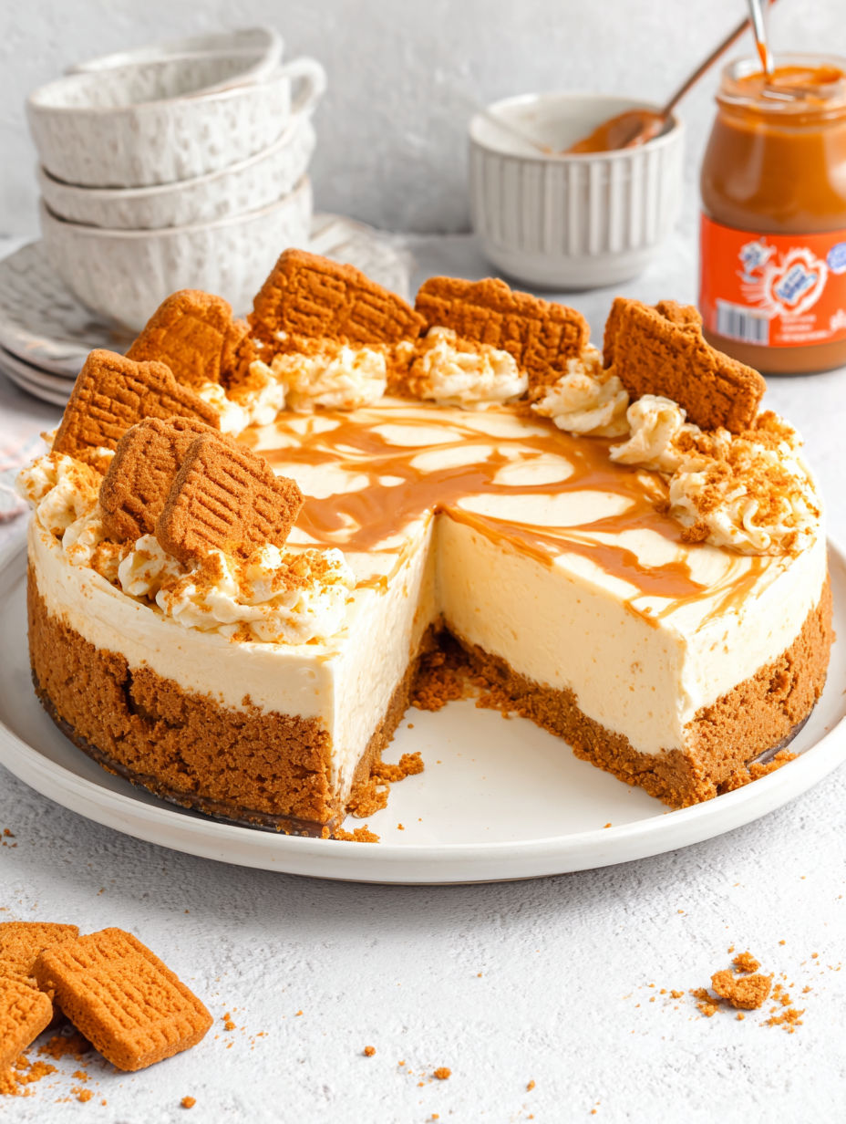 A slice of No Bake Biscoff Cheesecake.