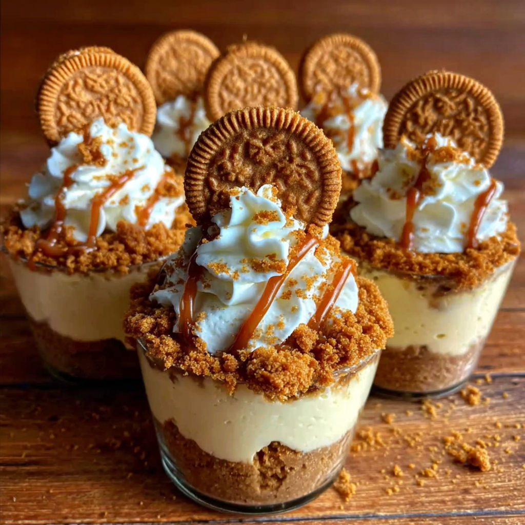 Four small desserts with cookie butter and cheesecake.