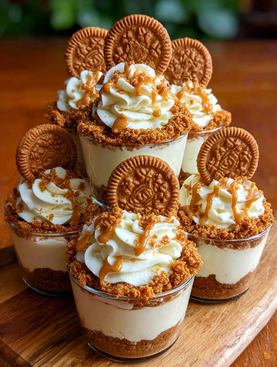 A stack of four cookie butter cheesecake cups.