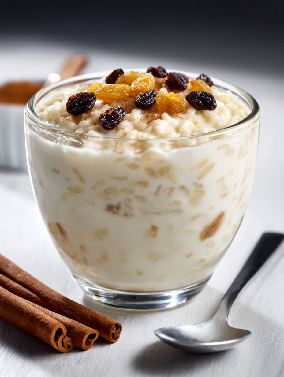 A glass of rice pudding with cinnamon sticks.