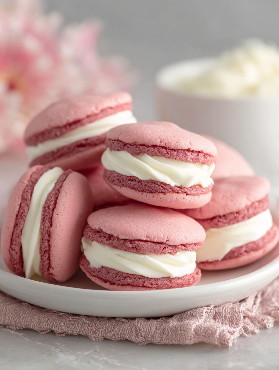 A plate of pink and white cookies.
