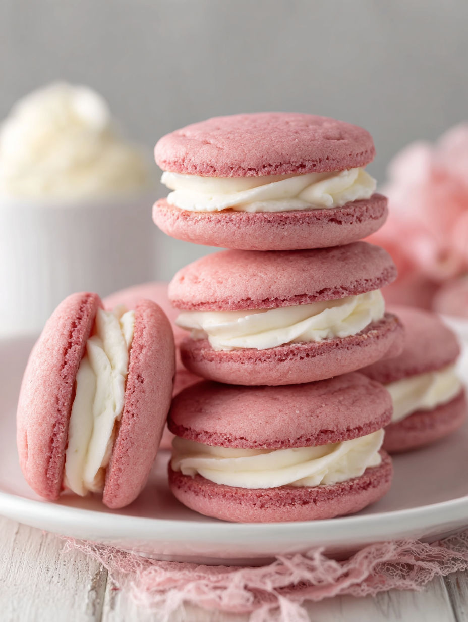 A stack of pink and white cookies.