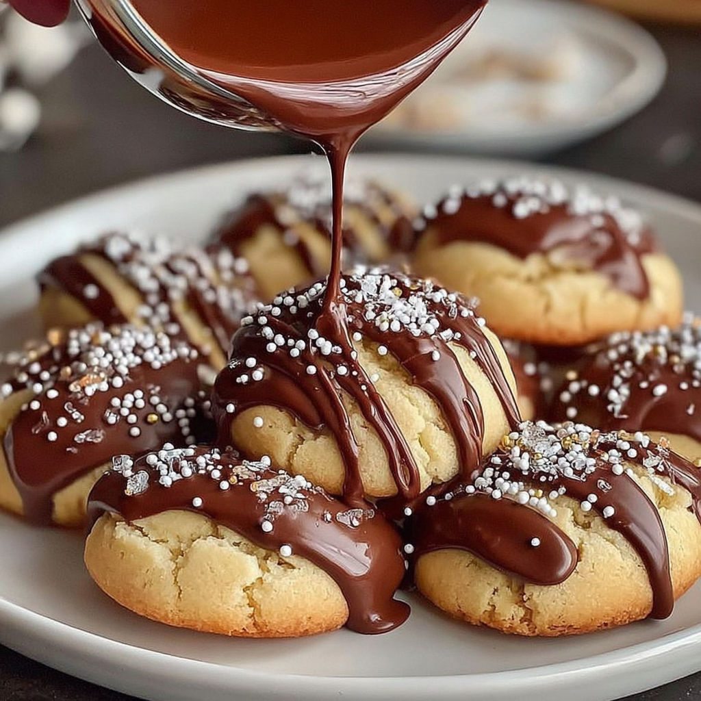Chocolate drizzled cookies on a plate.